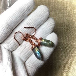 Earrings, bullet shaped labradorite, solid copper